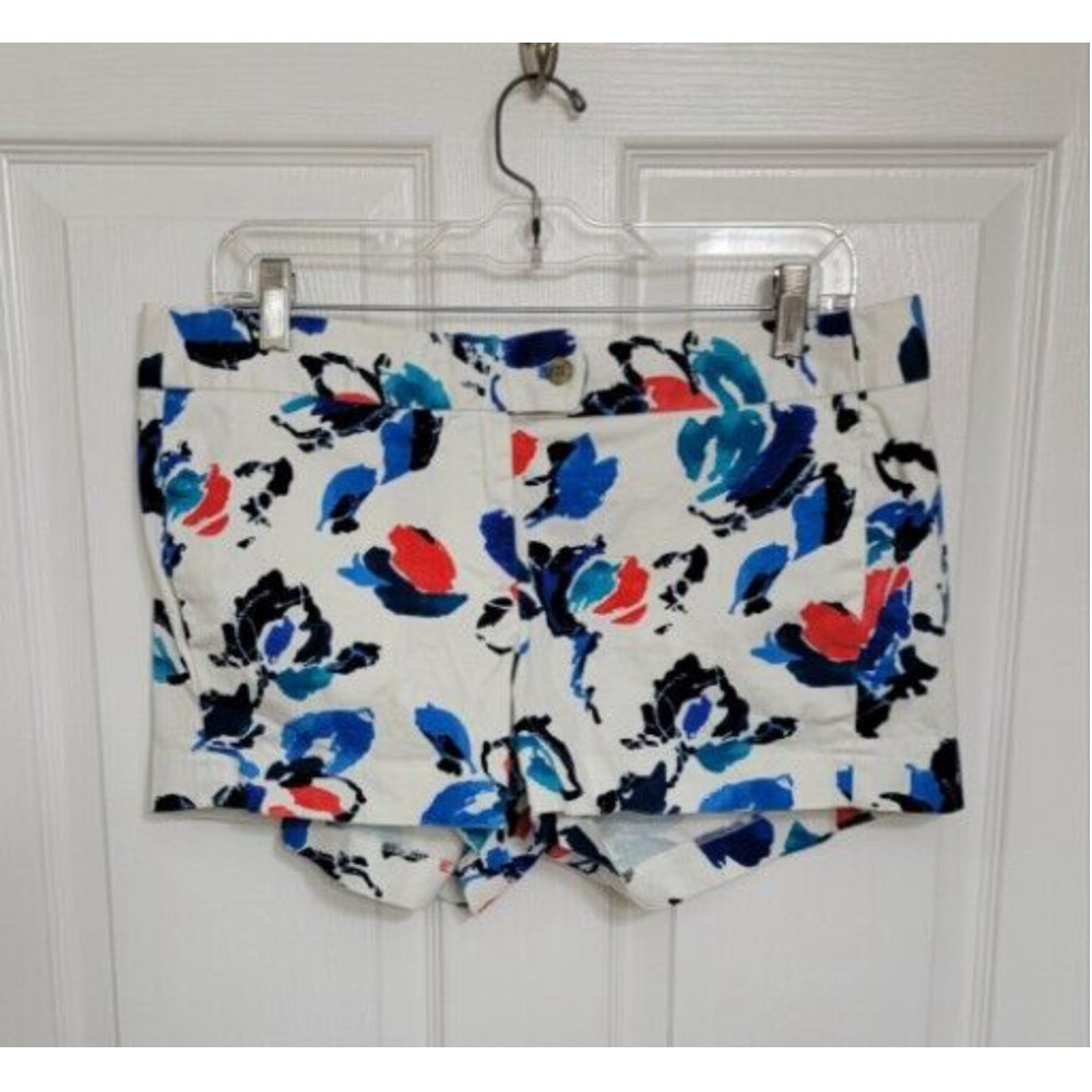 J Crew Chino‎ Stretch Shorts Women's Size 10 White Floral Pattern Blue Re…